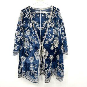 Ana & Rose Floral Navy Embroidered Tie Front Kimono Top Women's Large